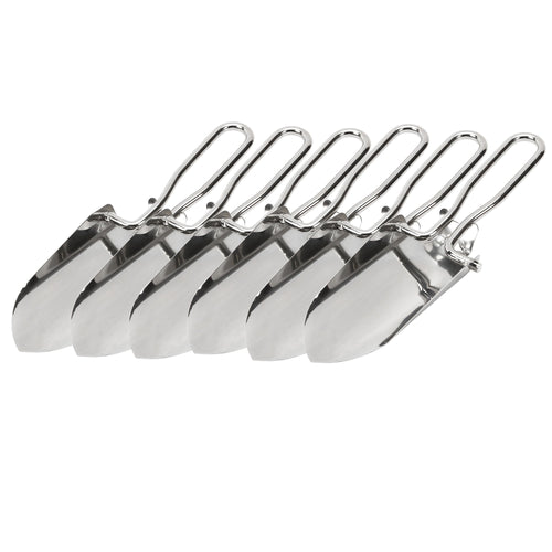 Six stainless steel folding garden trowels arranged in a row on a white background