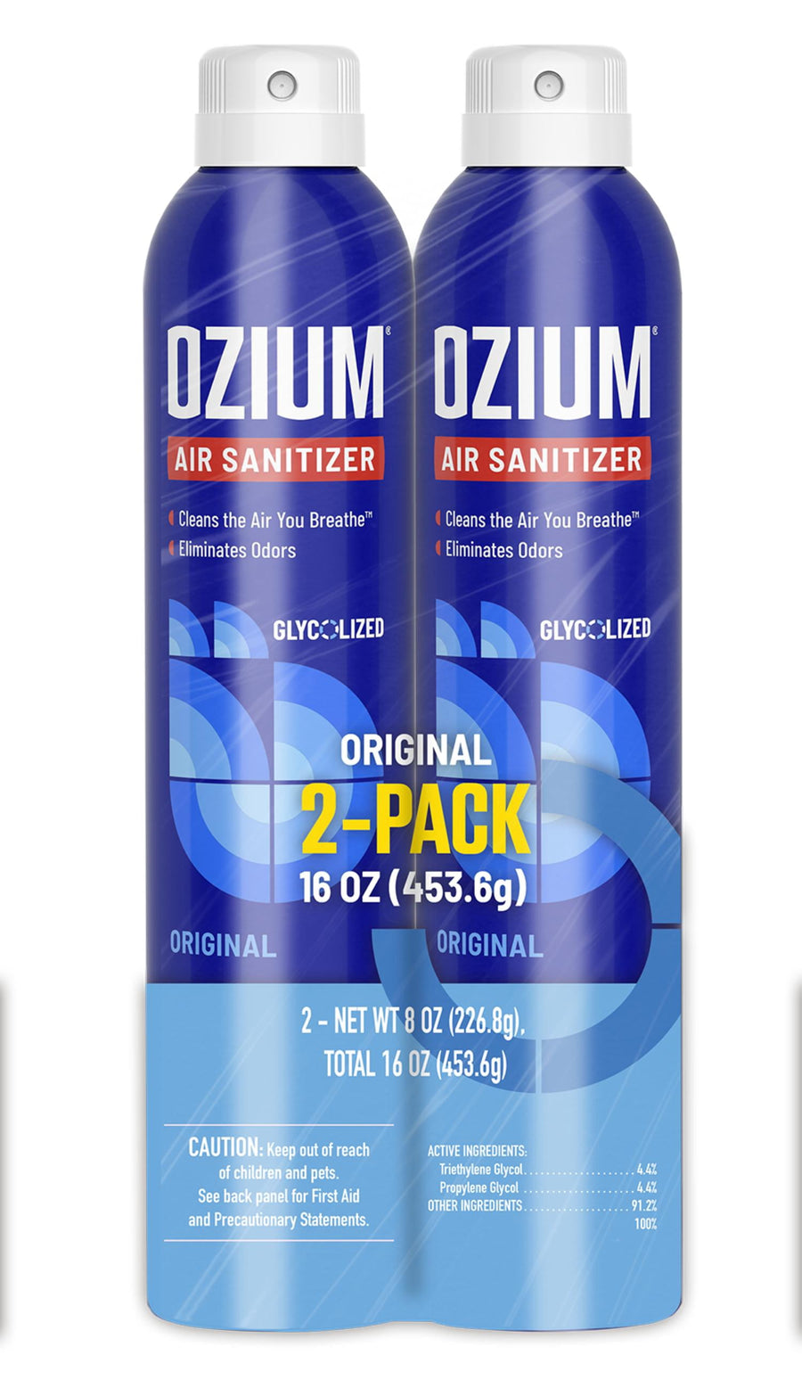 Two blue Ozium air sanitizer cans packaged together with prominent 2-pack label and original scent branding