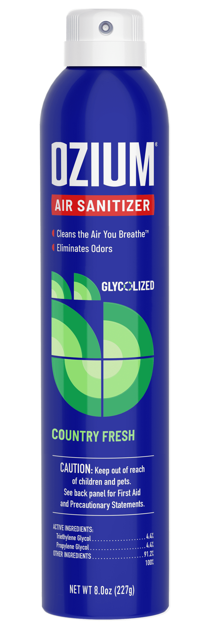 Tall blue aerosol can of OZIUM air sanitizer Country Fresh scent with white cap and green circular graphic