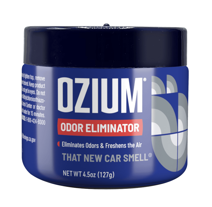 Front view of a single navy-blue Ozium odor eliminator gel can with branding