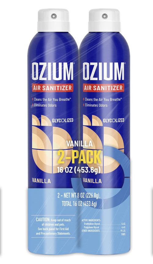 Two blue Ozium air sanitizer cans side-by-side with vanilla graphic and prominent '2-pack' label on front
