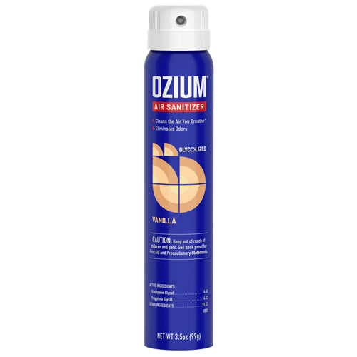 Tall blue Ozium air sanitizer can with vanilla label and white spray cap on a white background.