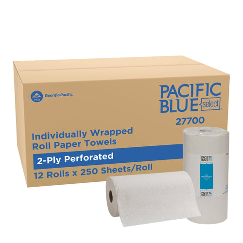 Cardboard bulk case labeled Pacific Blue Select with two white individually wrapped paper towel rolls shown in front.