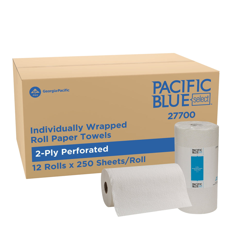 Cardboard bulk case labeled Pacific Blue Select with two white individually wrapped paper towel rolls shown in front.
