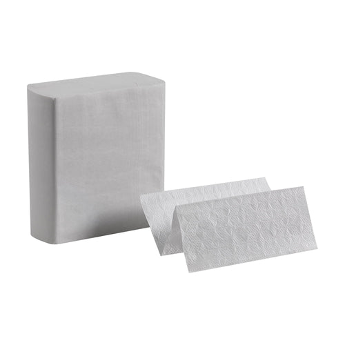 Single wrapped white Z-fold paper towel pack beside two unfolded textured towels showing the emboss pattern.