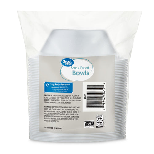 Clear plastic package of Great Value foam bowls with visible back label, barcode and 'Soak-Proof Bowls' branding