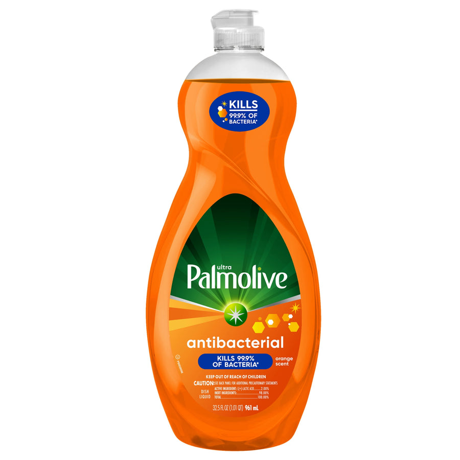 Single Palmolive antibacterial orange dish soap bottle on white background showing label and pump cap