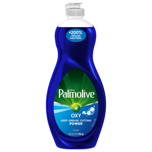 Isolated product shot of a blue Palmolive Ultra OXY dish soap bottle on a white background showing the front label