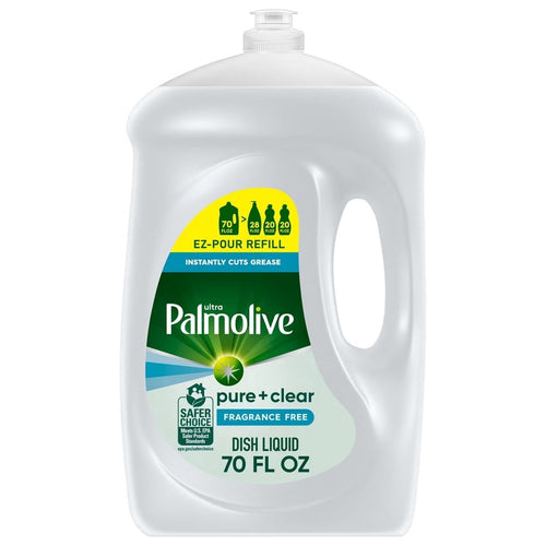 White Palmolive pure+clear dish liquid refill jug with green label and built-in handle