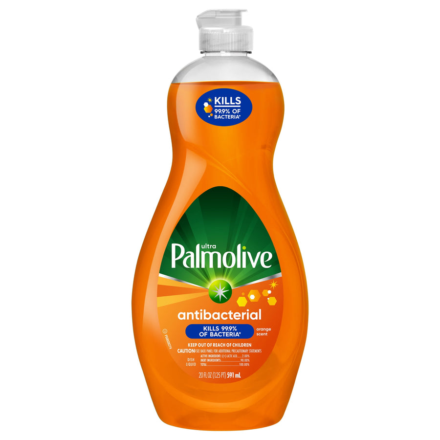 Single Palmolive Ultra antibacterial orange dish soap bottle on white background showing the label clearly