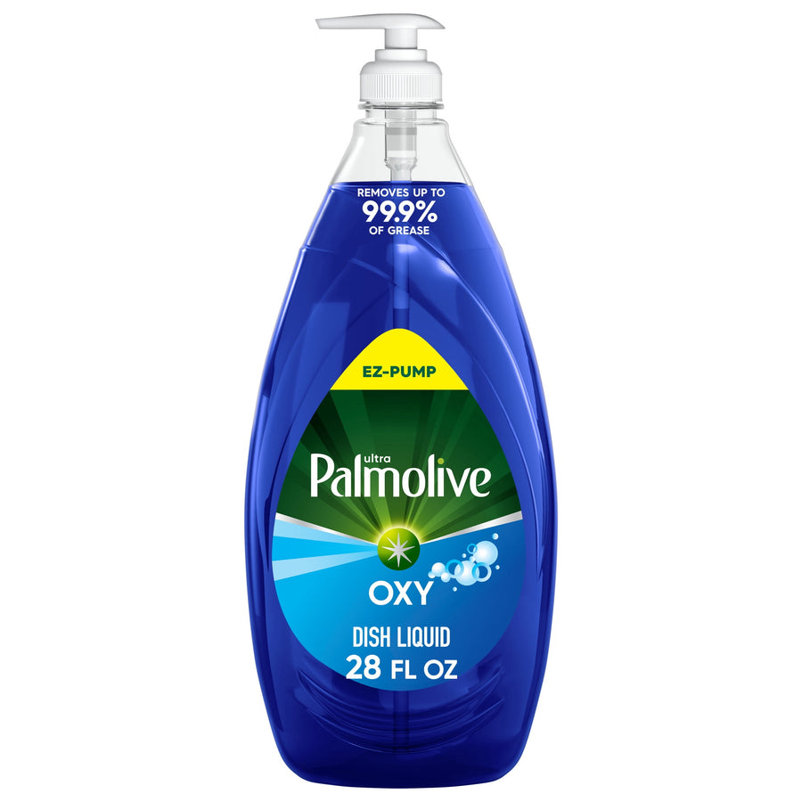 Clear pump bottle of Palmolive Ultra Oxy blue dish liquid with front label and 28 fl oz marking
