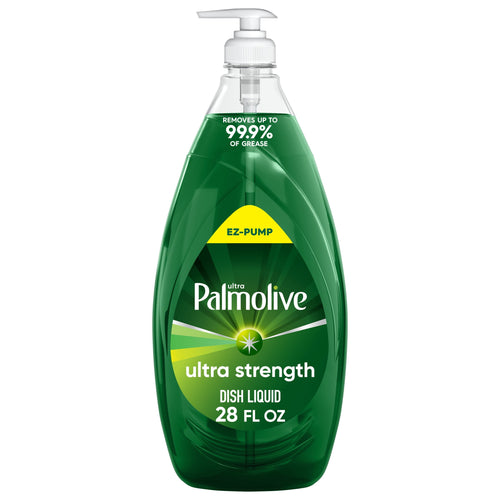 Tall green Palmolive Ultra Strength dish soap bottle with white pump and front label reading 28 fl oz