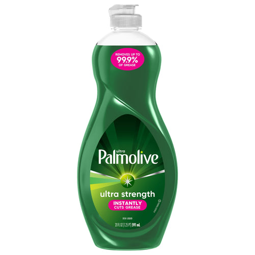 Isolated product shot of a green Palmolive Ultra Strength dish liquid bottle on a white background