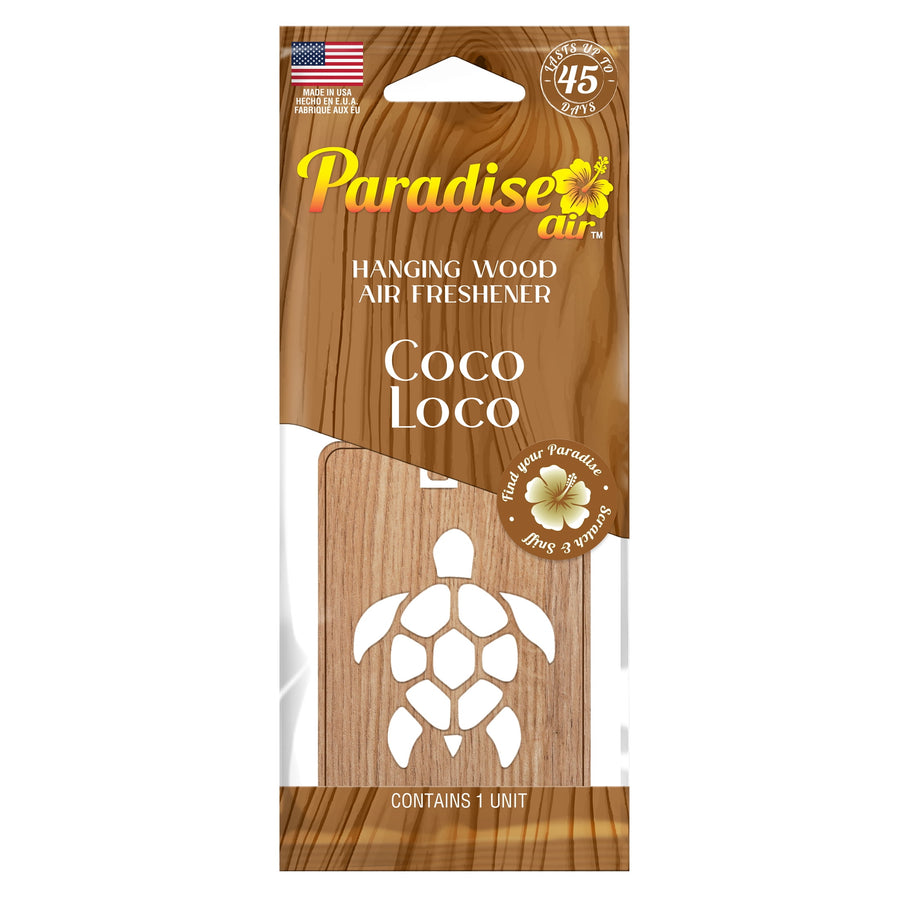Paradise Air branded hanging wood air freshener in Coco Loco packaging with turtle laser-cut design visible