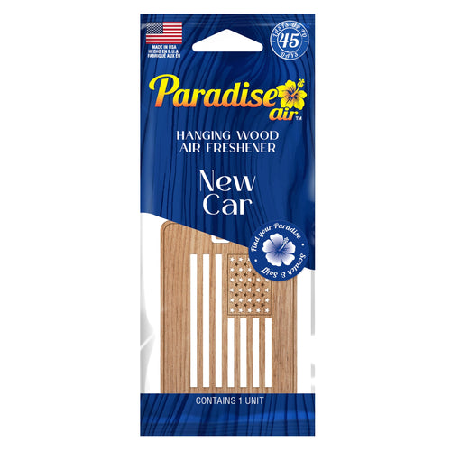 Paradise Air branded retail pouch showing a laser-cut wooden hanging air freshener labeled "New Car".