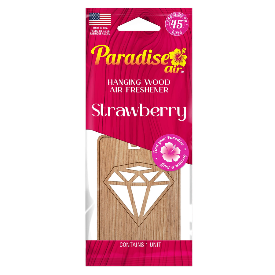Paradise Air branded pink packaged hanging wood air freshener with diamond-shaped laser cut and strawberry scent label