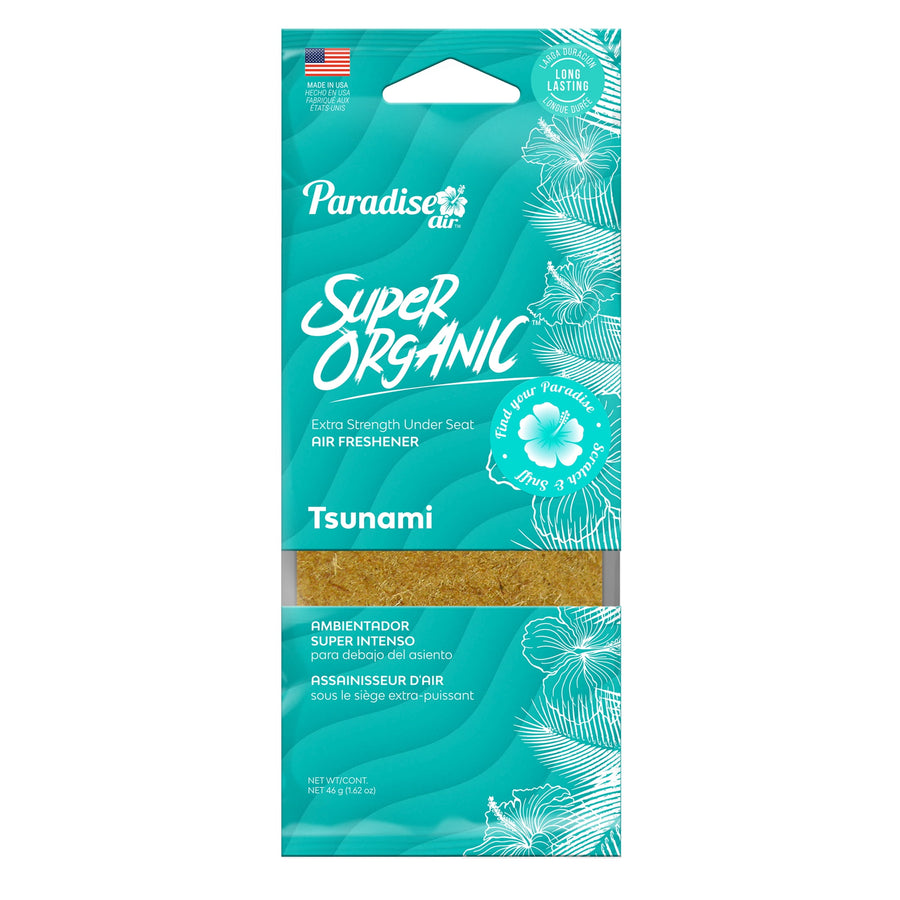 Front-facing Paradise Air Super Organic Tsunami under-seat air freshener in teal packaging