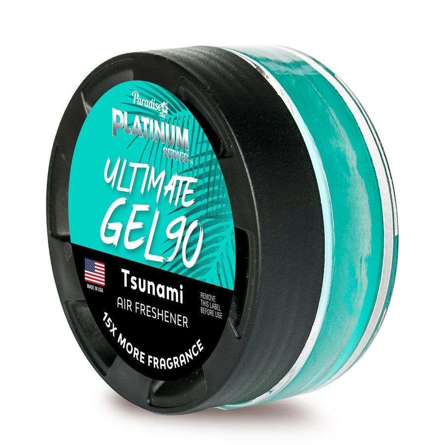Round turquoise gel air freshener with black vented lid labeled ‘Platinum Ultimate Gel 90 Tsunami’ against white background.