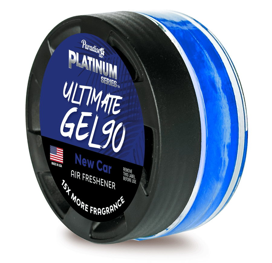 Paradise Air Platinum Series Ultimate GEL90 New Car blue gel air freshener in black vented lid on white background