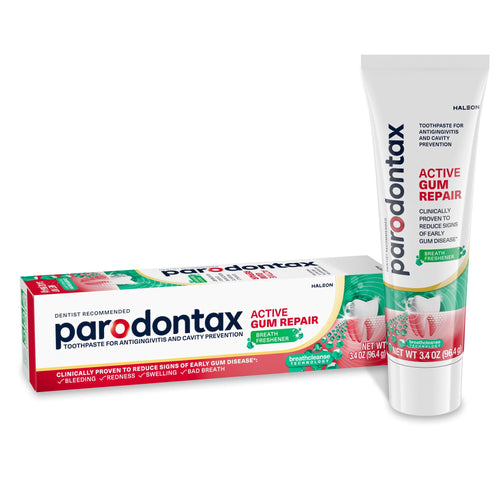 Single tube of parodontax Active Gum Repair toothpaste standing next to its rectangular retail box, product branding visible