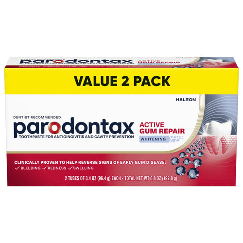 Front-facing box of parodontax Active Gum Repair toothpaste with a yellow "VALUE 2 PACK" band and brand graphics
