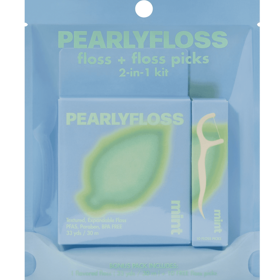 Front of pearlyfloss mint floss and picks 2-in-1 kit in blue retail pouch with leaf graphic