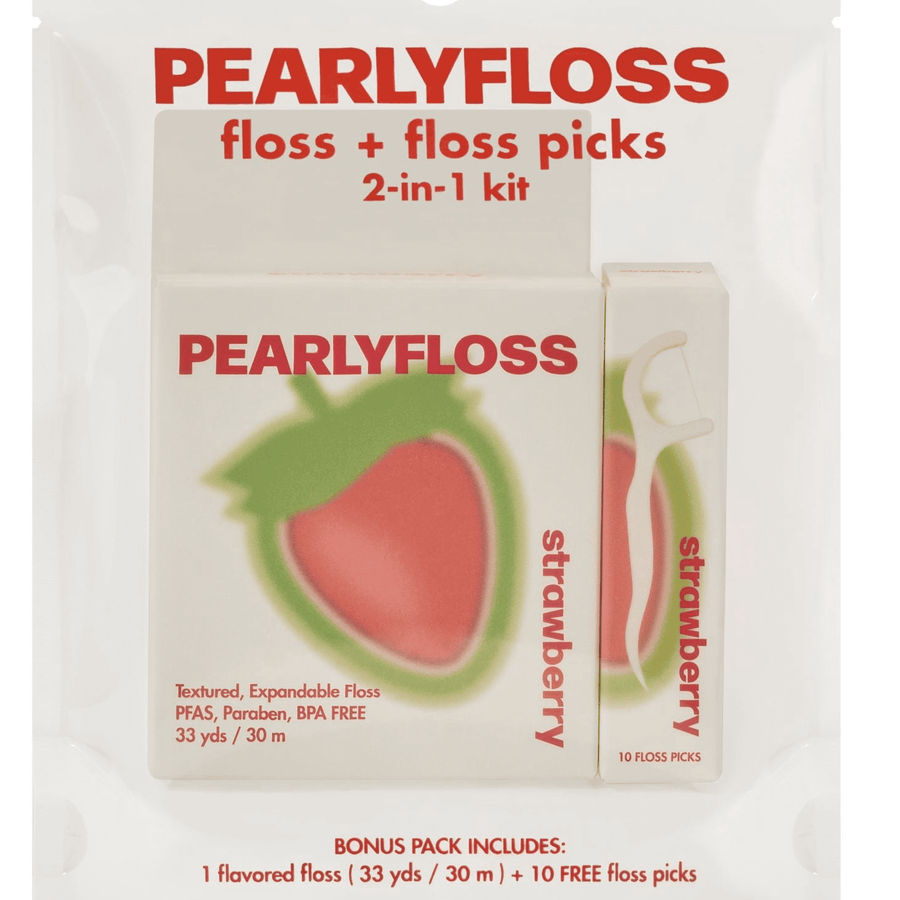 Clear front packaging showing Pearlyfloss strawberry floss box and a slim picks carton in retail pouch with bold logo.