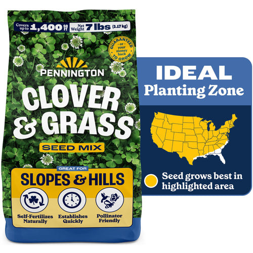 Front-facing bag of Pennington Clover & Grass seed mix with clover background and ideal planting zone graphic