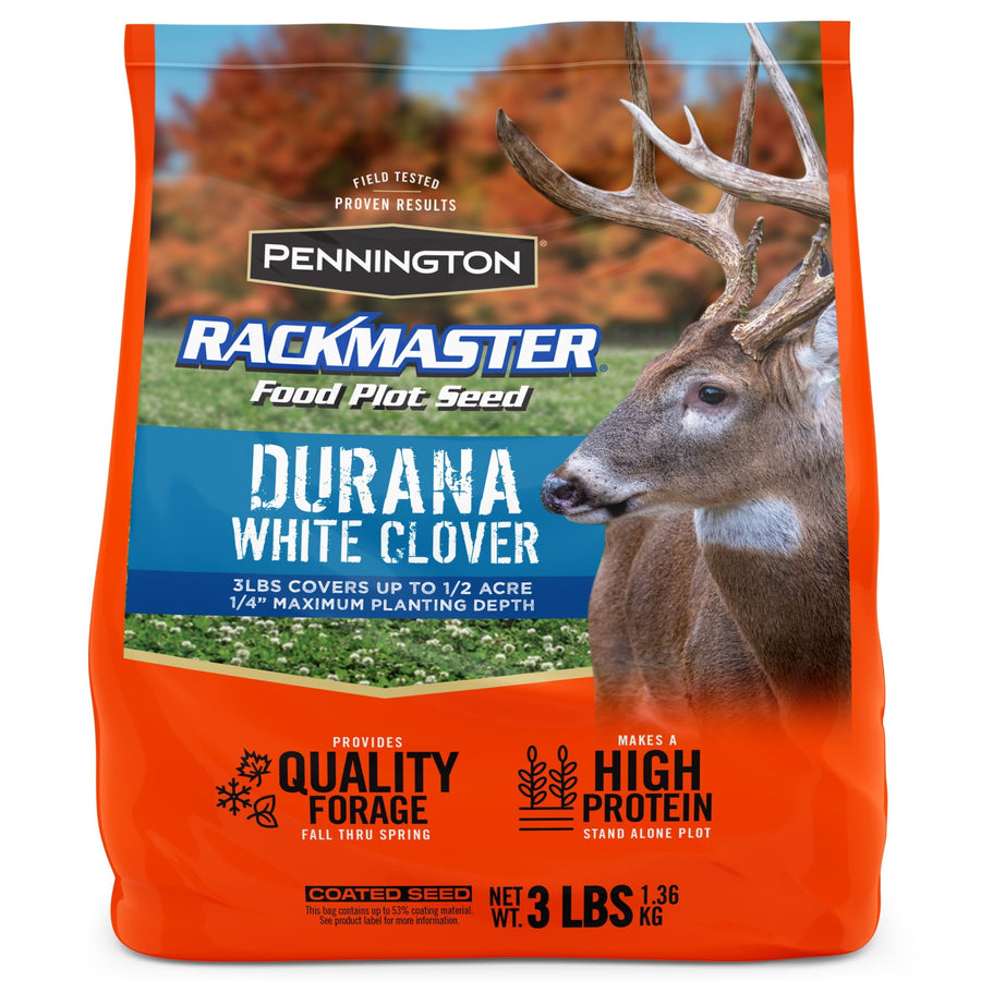Front of an orange Pennington Rackmaster Durana White Clover seed bag with a deer image and product name