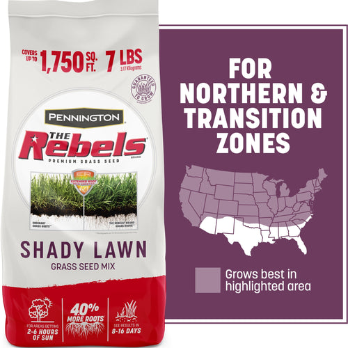 Bag of Pennington The Rebels Shady Lawn grass seed next to a purple panel reading for northern & transition zones