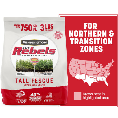 Bag of Pennington The Rebels tall fescue grass seed with product branding and a zone map panel to the right