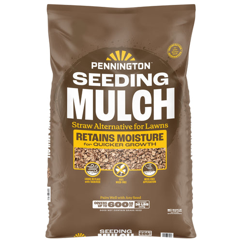 Front of a brown Pennington seeding mulch bag labeled “Seeding Mulch” with moisture-retaining callouts