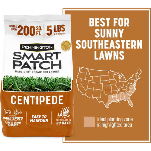 Bag of Pennington Smart Patch Centipede lawn repair with map showing best planting zone for southeastern lawns