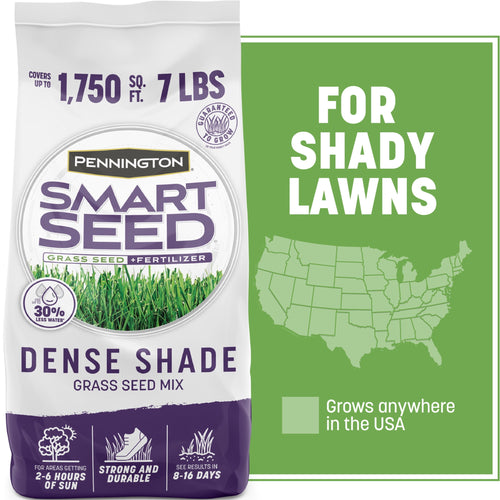 Pennington Smart Seed Dense Shade grass seed bag showing branding, coverage claim and map panel on green background