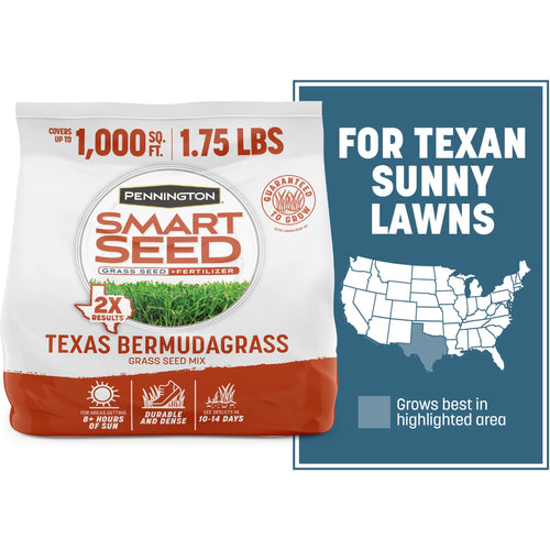 Front-facing bag of Pennington Smart Seed Texas Bermudagrass with product name, coverage and sun zone graphic to the right.