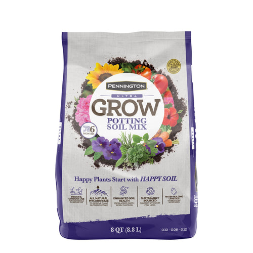 Front-facing bag of Pennington Ultra Grow potting soil mix with floral graphics and product branding.
