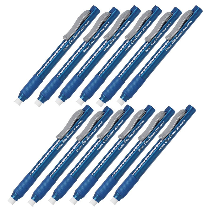 Twelve blue Pentel Clic Eraser grip holders arranged on white background
