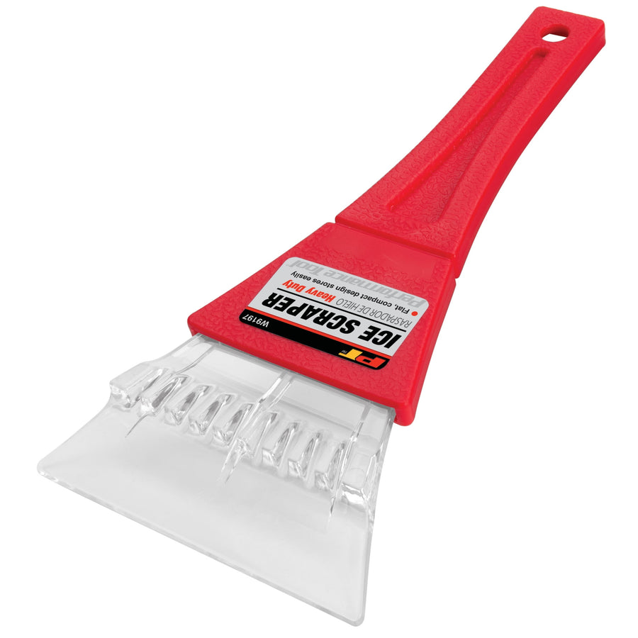 Red Performance Tool compact plastic ice scraper with clear multi-tooth blade and product label on white background.