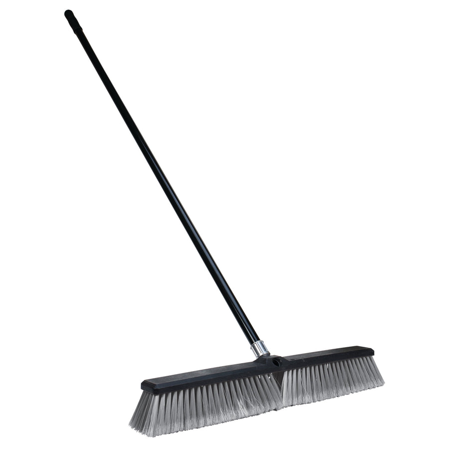 Performance Tool W28 push broom with long black steel handle and gray angled bristles on white background