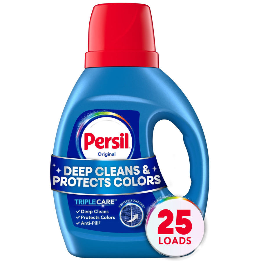 Blue Persil Original liquid detergent bottle with red cap and label reading deep cleans & protects colors, 25 loads badge