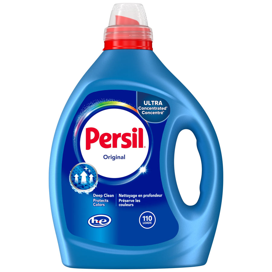 Front view of a blue Persil Original ultra concentrated liquid laundry detergent bottle with handle and label