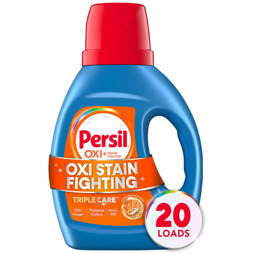 Blue Persil Oxi+ liquid detergent bottle with orange label and red cap showing '20 loads' badge
