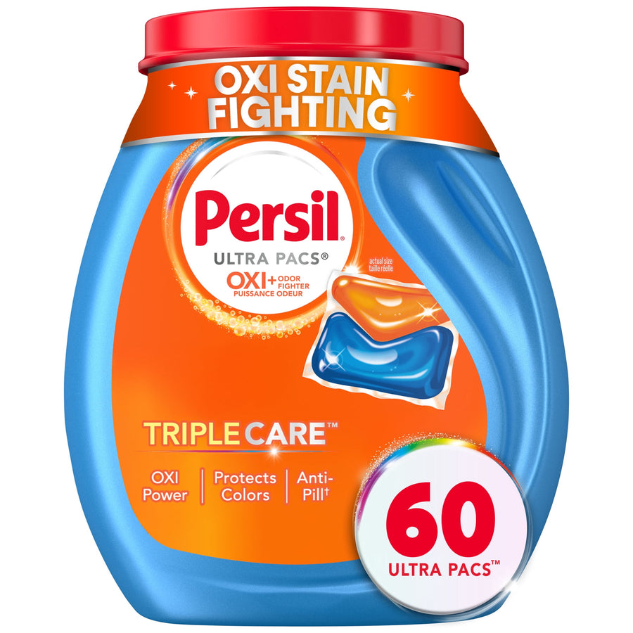 Blue and orange Persil Ultra Pacs plastic tub with red lid and bold 60 badge