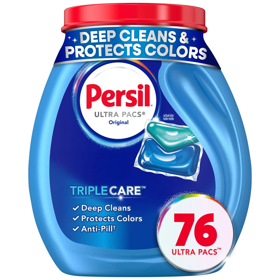 Blue plastic tub of Persil Ultra Pacs Original laundry detergent with red lid and 76 count badge on front.