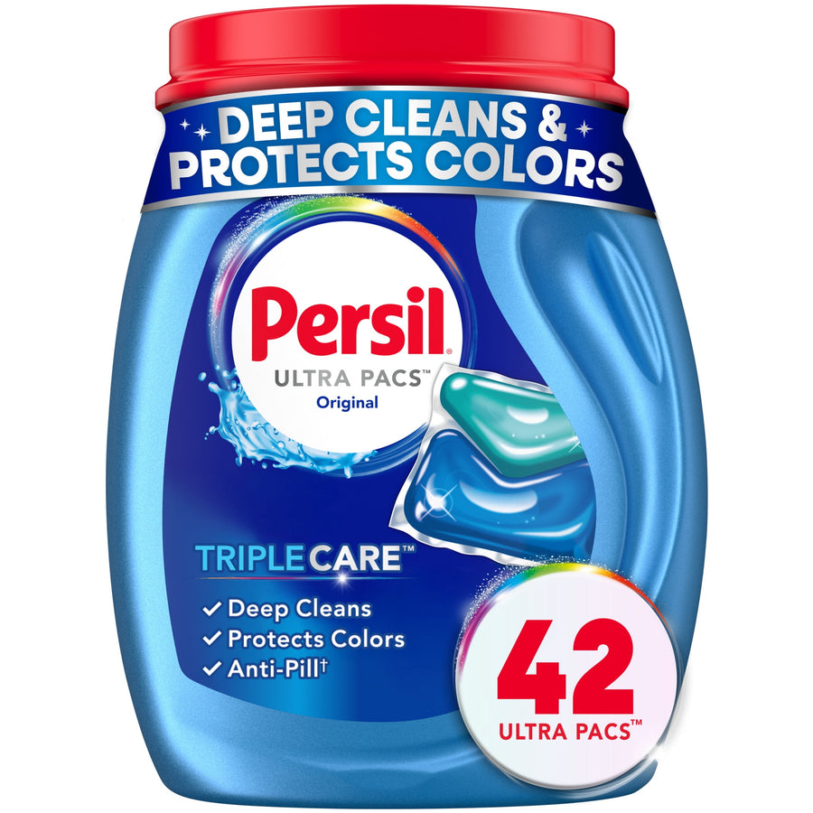 Blue Persil Ultra Pacs plastic tub with red lid and large 42 count badge on front
