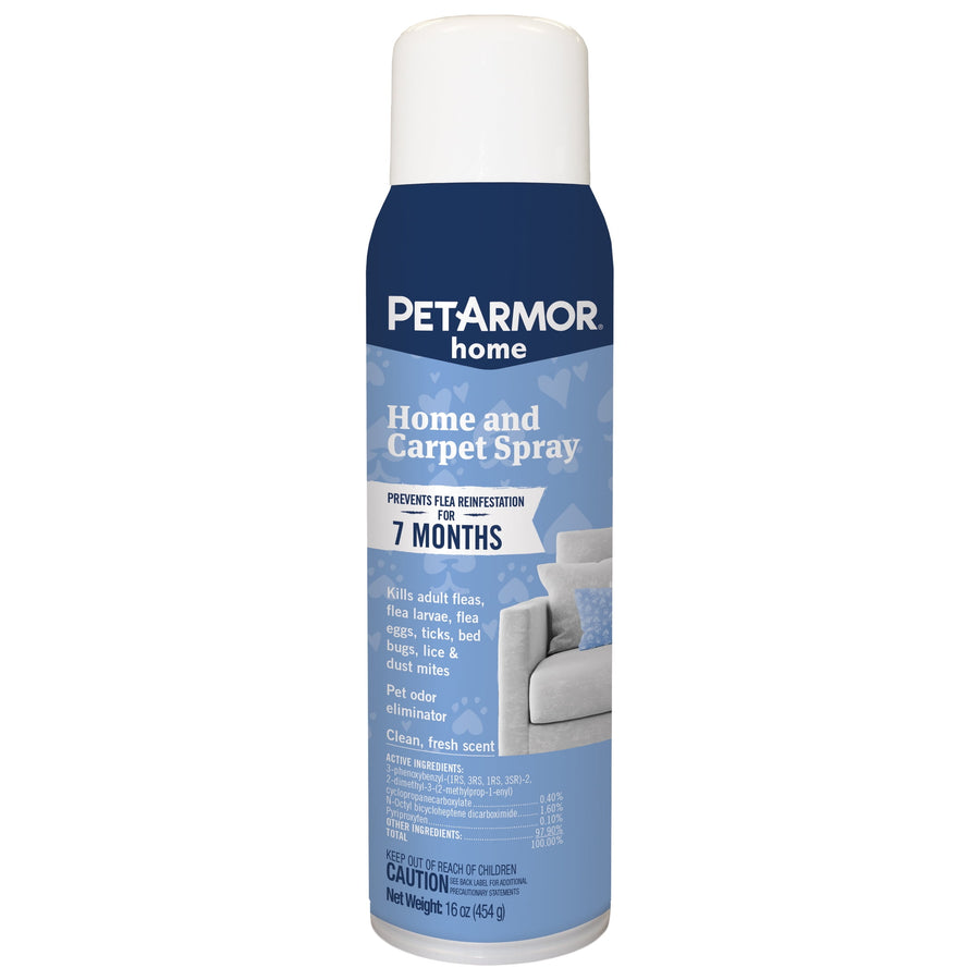 Tall blue aerosol can of PETARMOR Home and Carpet Spray with couch graphic on label