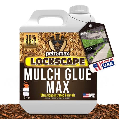 White jug of Petramax Lockscape Mulch Glue Max with label and a hanging before/after tag showing landscaped edge