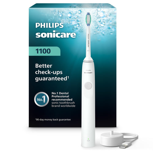 White Philips Sonicare 1100 electric toothbrush with charger shown in front of teal branded product box featuring bubbles and marketing text