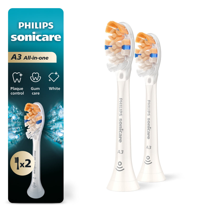 Two white Philips Sonicare A3 electric toothbrush replacement heads shown next to branded packaging with product icons and 1x2 callout.