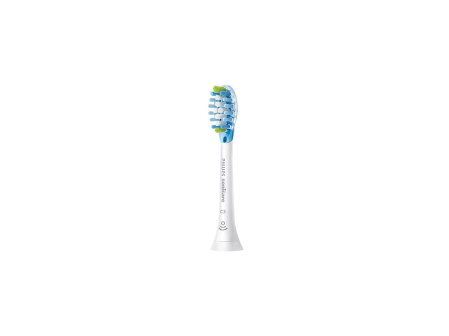Single Philips Sonicare replacement brush head with blue and green bristles on a white stem.